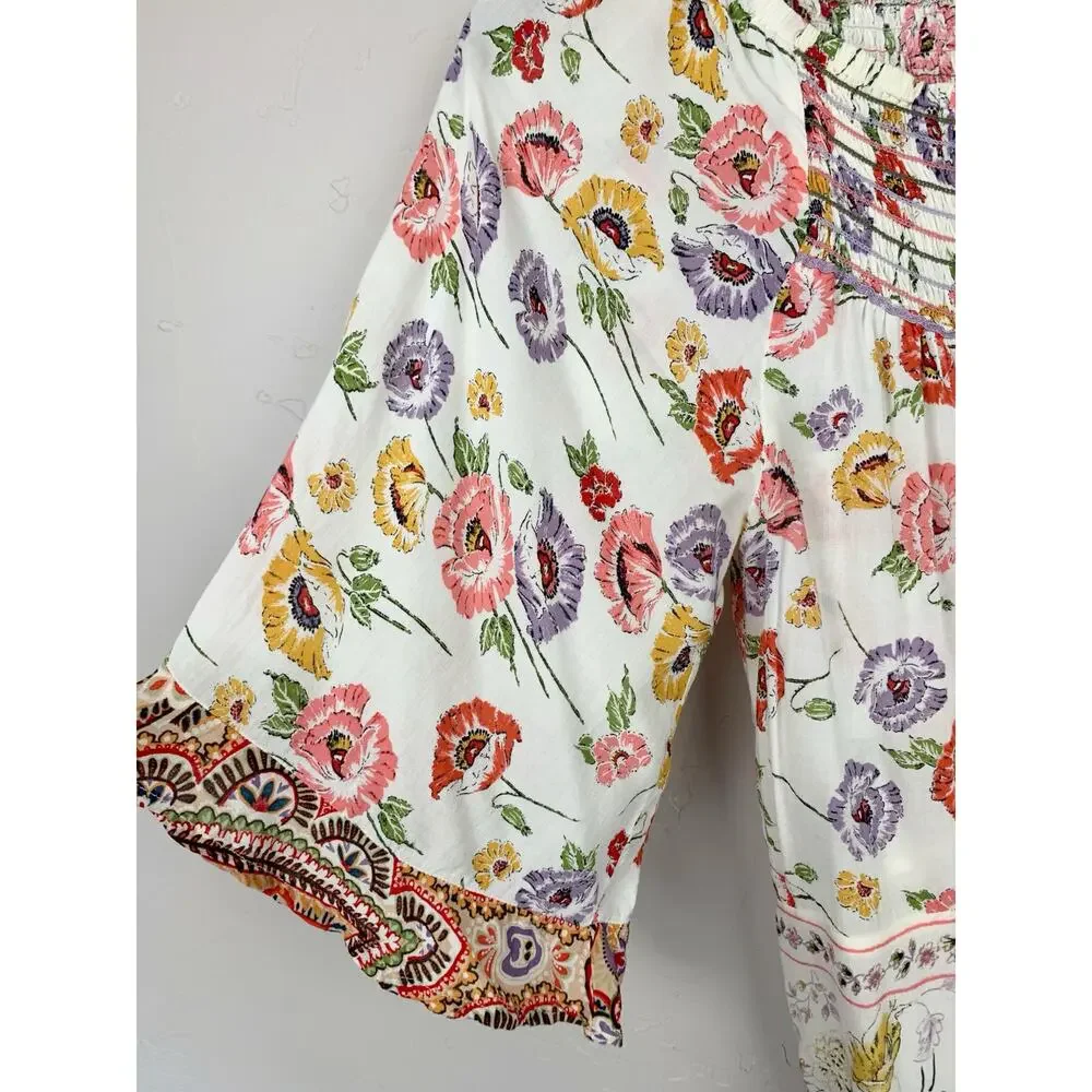 Democracy Blouse Cream Floral Top Flowy Women's S Boho Festival Cottagecore